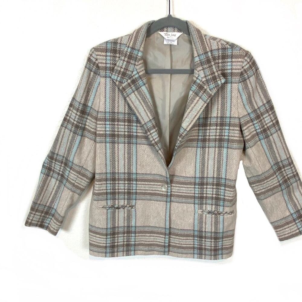 Blazer Retro Secretary Chic Tan Jay Vintage Plaid Light Academia Preppy Size 12